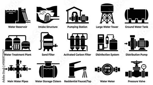 Water Management and Supply System Glyph Icons: Treatment, Distribution, Infrastructure Elements