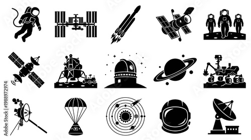 Space Exploration  Astronomy Glyph Icons Set: Rockets, Planets, Astronauts, Satellites