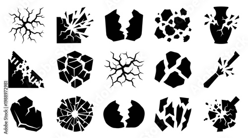 Abstract Cracks and Broken Objects Glyph Icons Set for Damage and Fragility Concepts