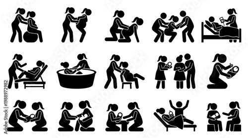 Childbirth Labor Delivery Maternity Positions Postpartum Care Glyph Pictogram Icons