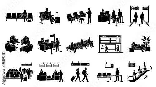 Airport Icons Black and White Glyph Set - Travel and Transport