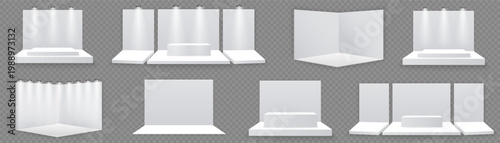 A collection of white display stands and podiums for product presentation