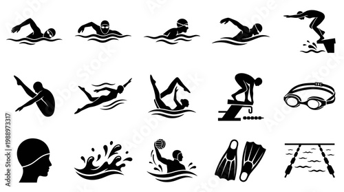 Swimming  Aquatic Sports Glyph Icons Set: Swimmers, Diving, Gear, Water Polo