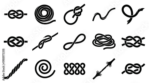 Vector Glyph Icons of Ropes and Knots for Utility, Marine, Outdoor, and Symbolic Use