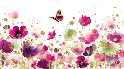 watercolor botanical butterfly and flowers texture template background.Elegant wedding invitation card background . Minimal hand painted Design for wedding or Valentine's Day