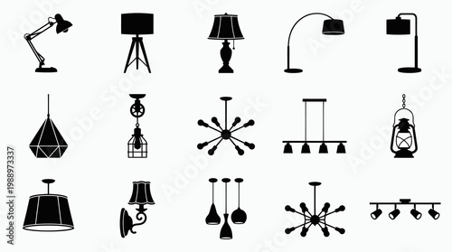 Lighting Fixtures Silhouette Icons Set. Home Decor Lamps and Chandeliers Vector Collection.