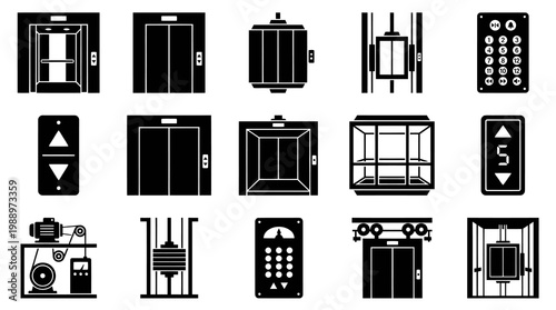 Building Elevator  Lift System Glyph Icons Set. Architecture and Transportation Technology.