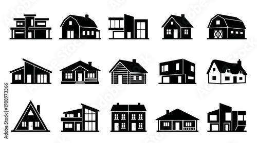 Real Estate House Icons Set - Black  White Silhouette Home Building Glyphs