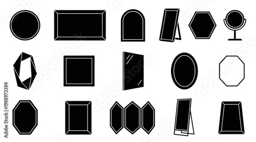 Home Decor Furniture Mirror Shapes Black and White Glyph Vector Icons Set
