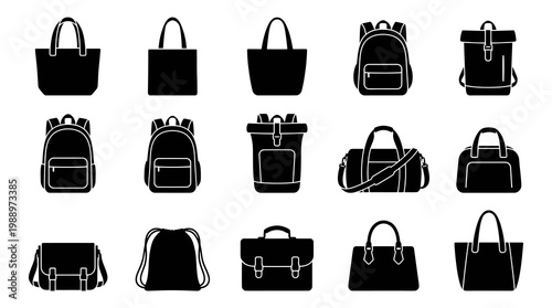 Black  White Glyph Icons of Various Bags and Backpacks for Travel and Fashion