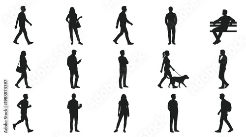 Diverse Black Silhouette People Walking, Sitting, and with Dog