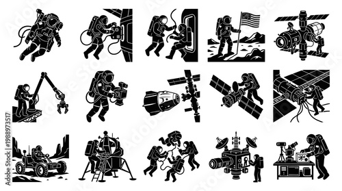 Monochrome Space Exploration Glyph Icons Set: Astronauts, Satellites, and Lunar Missions