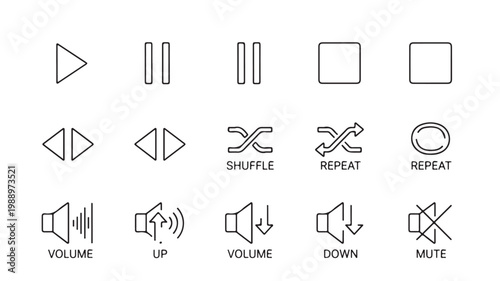 Black and white media player icons for audio and video control on a plain white background