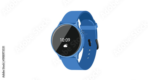 A modern blue smartwatch with a circular black face displays the digital time and a small yellow sun weather icon against a minimalist white background.