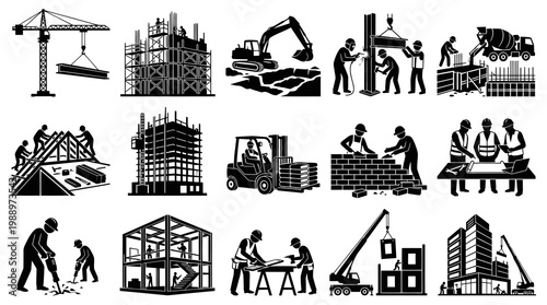 Construction Industry Building Process Glyph Pictogram Icons Set