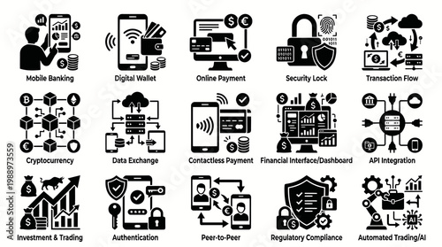 Finance Technology Cybersecurity Glyph Icons Set - Banking, Payment, Security Concepts