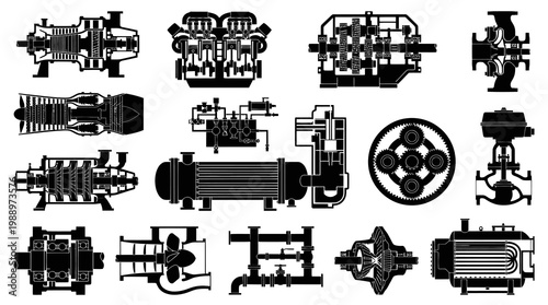 Industrial Machinery Vector Icons: Turbines, Engines, Pumps, Gears, Boiler
