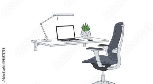 A minimalist floating white desk holds a sleek laptop and a desk lamp beside a grey ergonomic office chair against a pristine and clean white background.
