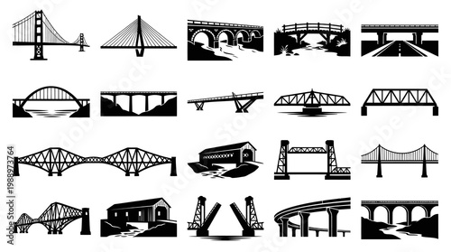 Civil Engineering Bridges Silhouette Vector Icon Set - Diverse Infrastructure Collection