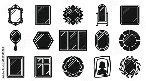 Black  White Glyph Icons of Various Mirrors and Glass Shapes