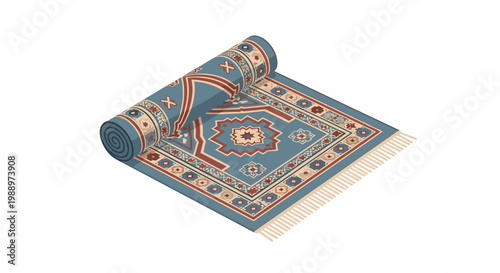 Exquisite blue oriental rug with complex geometric patterns and fringed edges lies partially unrolled to reveal its detailed and colorful woven design.