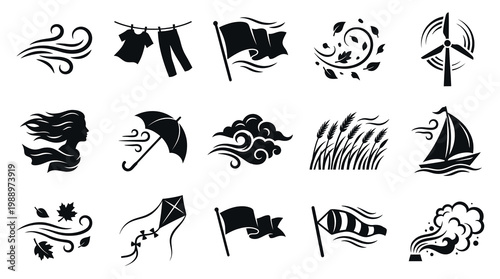 Wind Icons Set. Weather, Nature  Energy Concepts in Black  White Glyph Style