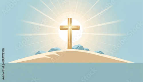 Flat design easter religious background, soft pastel color palette (light blue, cream, gold), simple illustration