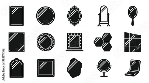Black  White Glyph Icons of Various Mirrors for Beauty and Design