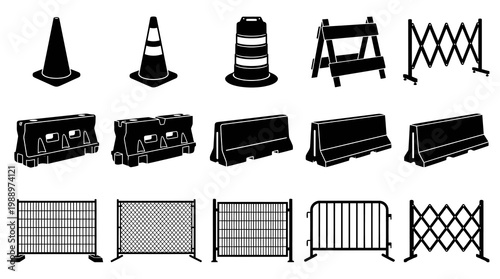 Black  White Construction Traffic Safety Barriers and Cones Glyph Icons