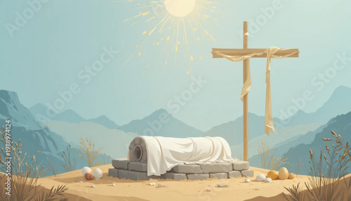 Flat design easter religious background, soft pastel color palette (light blue, cream, gold), simple illustration