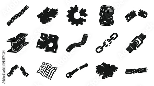 Industrial Scrap Metal Damaged Objects Glyph Icons Set for Recycling  Waste Management