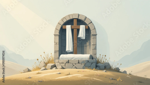 Flat design easter religious background, soft pastel color palette (light blue, cream, gold), simple illustration