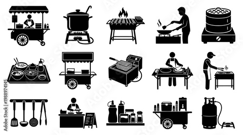 Food Industry, Street Food Stalls, Cooking, and Culinary Black and White Glyph Vector Icons Set