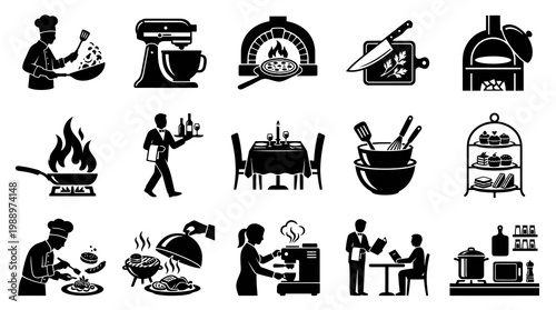Food Service and Restaurant Cooking Icons Set - Black and White Glyph Style