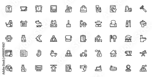 Morning Routine icon set. Vector illustration of daily activities. Includes symbols for coffee, shower, breakfast, cleaning, work, exercise and more. Editable stroke.