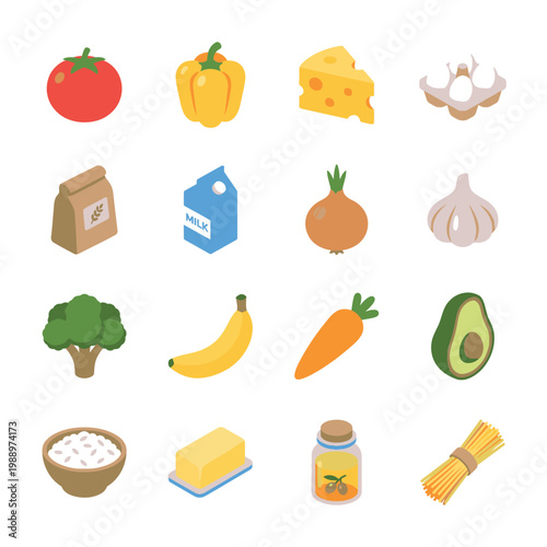 Colorful icons of various grocery food items.