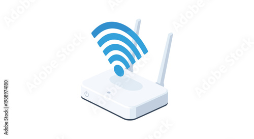 Clean isometric illustration of a modern white wireless router with dual antennas emitting a bold blue signal icon against a pristine white background.