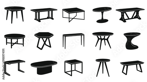 Black and White Glyph Icons of Various Table Designs