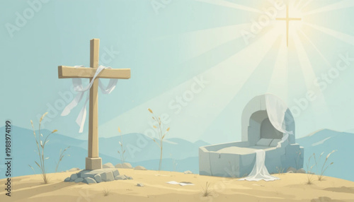 Flat design easter religious background, soft pastel color palette (light blue, cream, gold), simple illustration