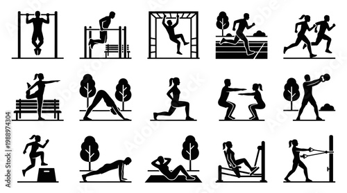 Fitness Exercise Workout Vector Glyph Icons Set - Sports Activity and Health Silhouettes