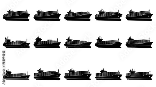 Black and White Container Cargo Ships Silhouette Icons Set for Global Shipping Logistics
