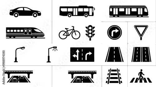 Black  White Transportation  Traffic Glyph Icons Set for Urban Infrastructure