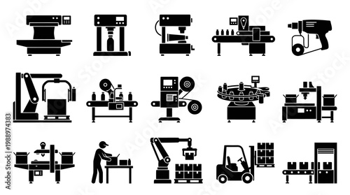 Black  White Glyph Icons of Industrial Manufacturing Machinery  Automation