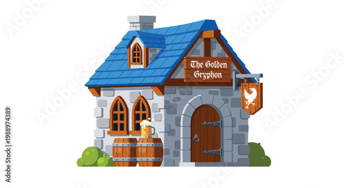 A charming medieval stone tavern named The Golden Gryphon features a bright blue tiled roof and a wooden hanging sign outside its arched wooden door.