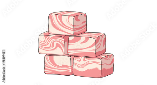 Five delicious square cubes featuring a distinct pink and white swirled marble pattern are stacked in a neat pyramid formation against a pristine white background.