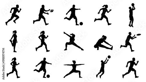 Sports and Fitness Industry Athlete Silhouettes Vector Glyph Art Set
