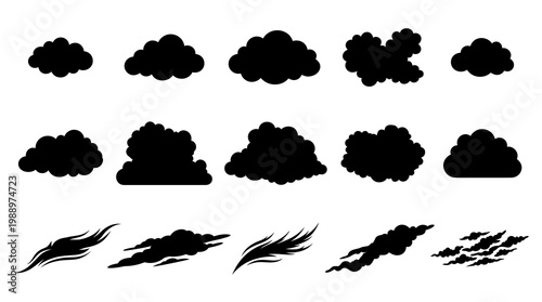 Vector Black Cloud Silhouette Icons Set. Weather Elements, Smoke, Fog, and Steam Glyphs.