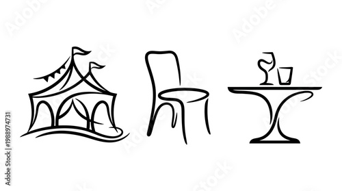 Simple Line Art of Circus Tent, Chair, and Table with Drinks.
