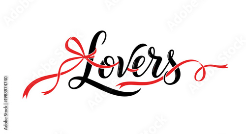 Elegant handwritten lovers text with red ribbon accent