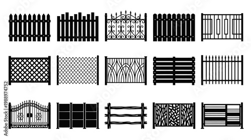 Construction  Architecture Fences and Gates Silhouette Vector Icons Set